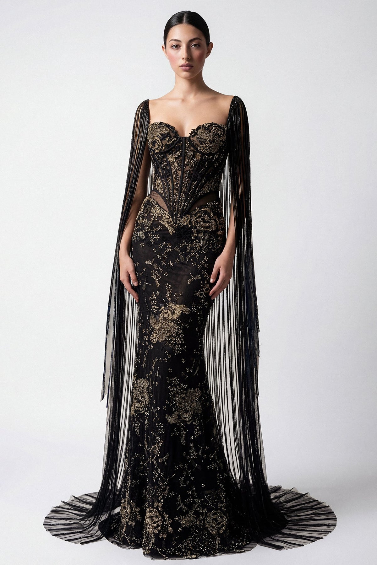 Fringe Cape-Sleeve Corset Gown