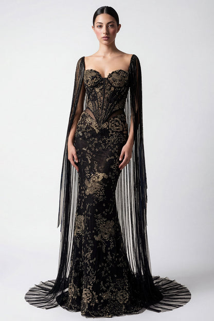 Fringe Cape-Sleeve Corset Gown