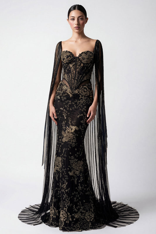 Fringe Cape-Sleeve Corset Gown