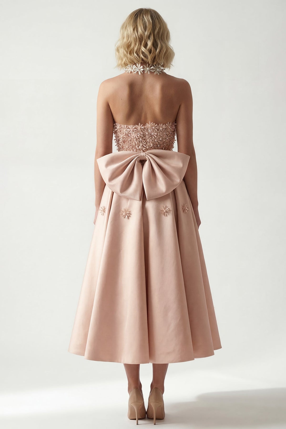 Halter Floral-Appliqué Midi Dress
