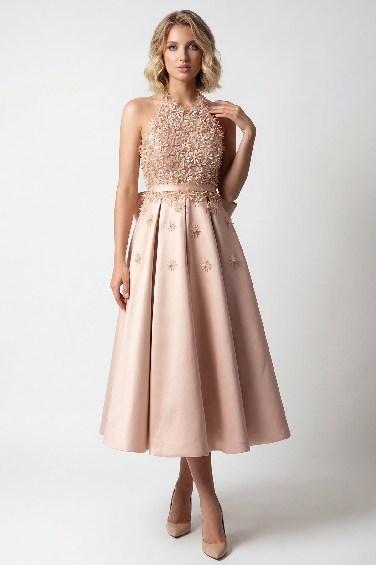 Halter Floral-Appliqué Midi Dress