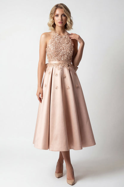 Halter Floral-Appliqué Midi Dress