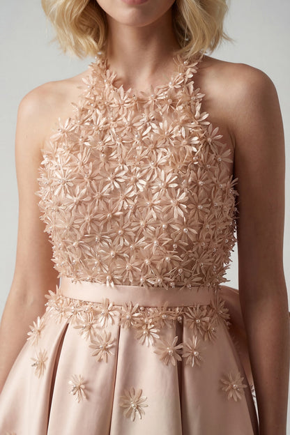 Halter Floral-Appliqué Midi Dress