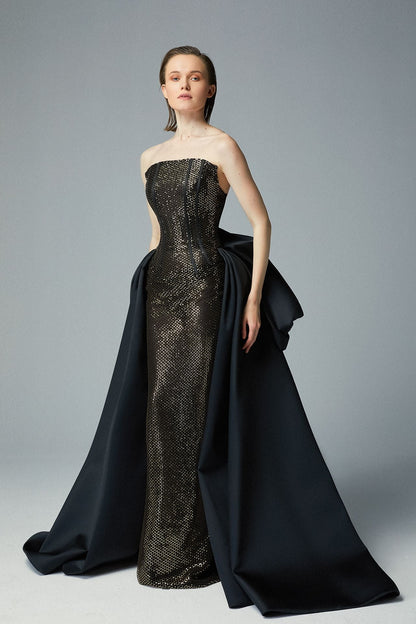 Strapless Bow-Overskirt Sequin Gown