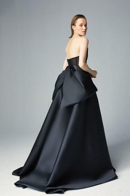 Strapless Bow-Overskirt Sequin Gown