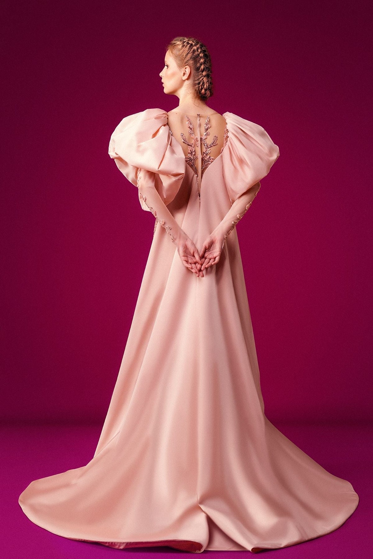 Beaded Puff-Sleeve Gown