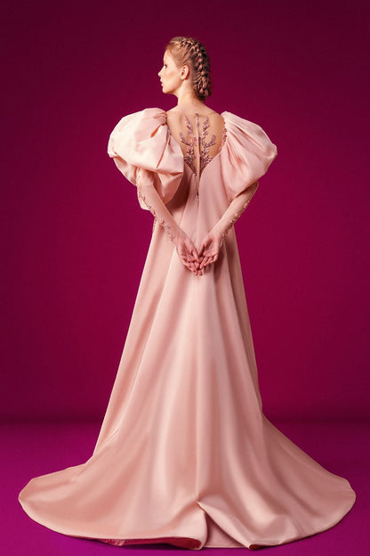 Beaded Puff-Sleeve Gown