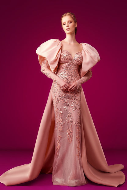Beaded Puff-Sleeve Gown