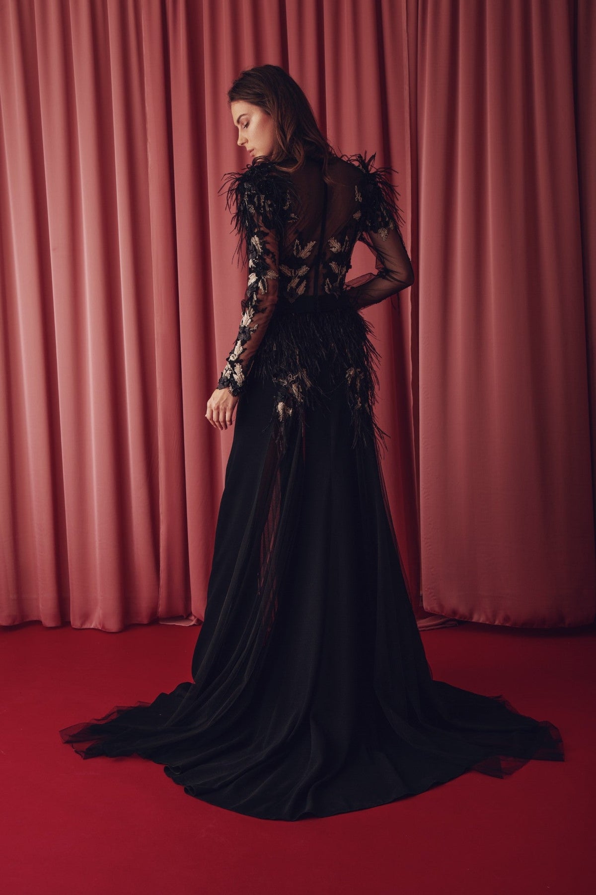 Feathered V-Neck Slit Gown