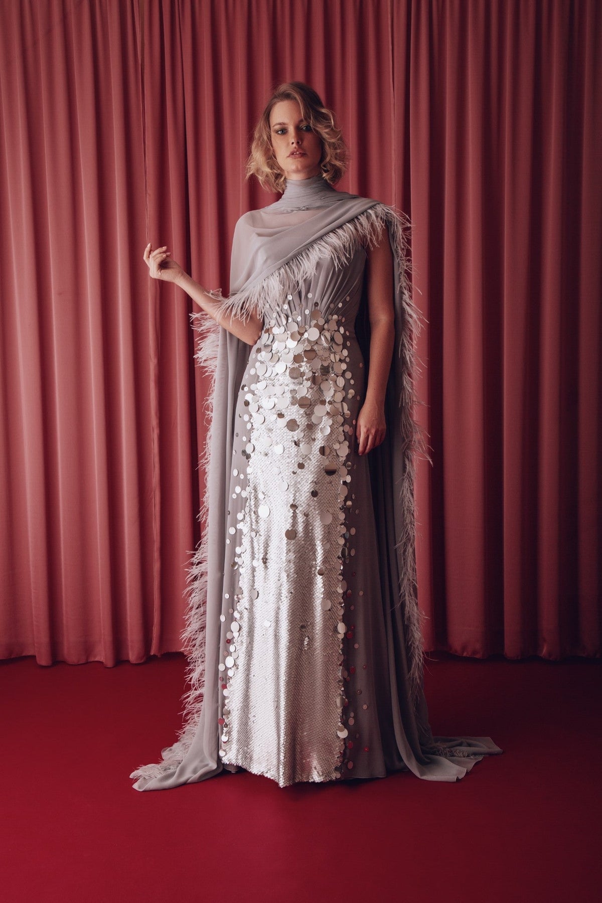 Feathered Cape Paillette Gown