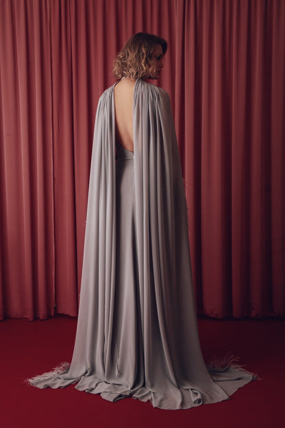 Feathered Cape Paillette Gown