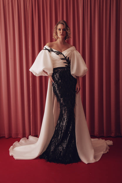 Off-Shoulder Puff-Sleeve Mermaid Gown