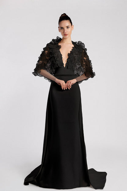 Plunging Fan-Lace Gown