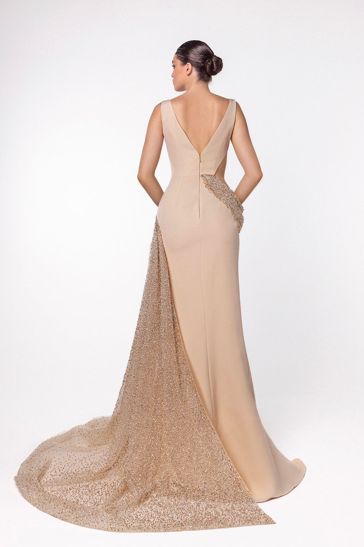 V-Neck Beaded Drape Gown