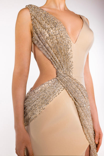 V-Neck Beaded Drape Gown