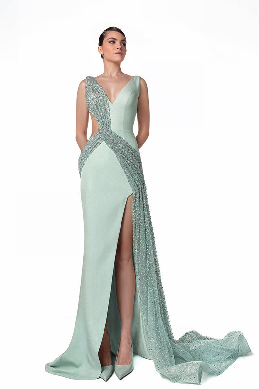 Plunging Beaded-Drape Gown