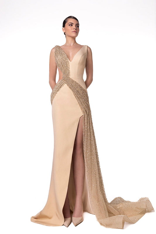 V-Neck Beaded Drape Gown