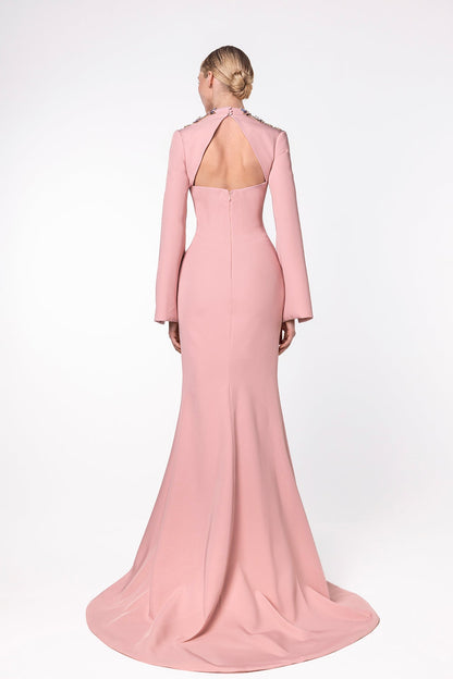 Stand-Collar Cape-Sleeve Gown