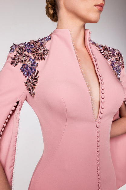 Stand-Collar Cape-Sleeve Gown