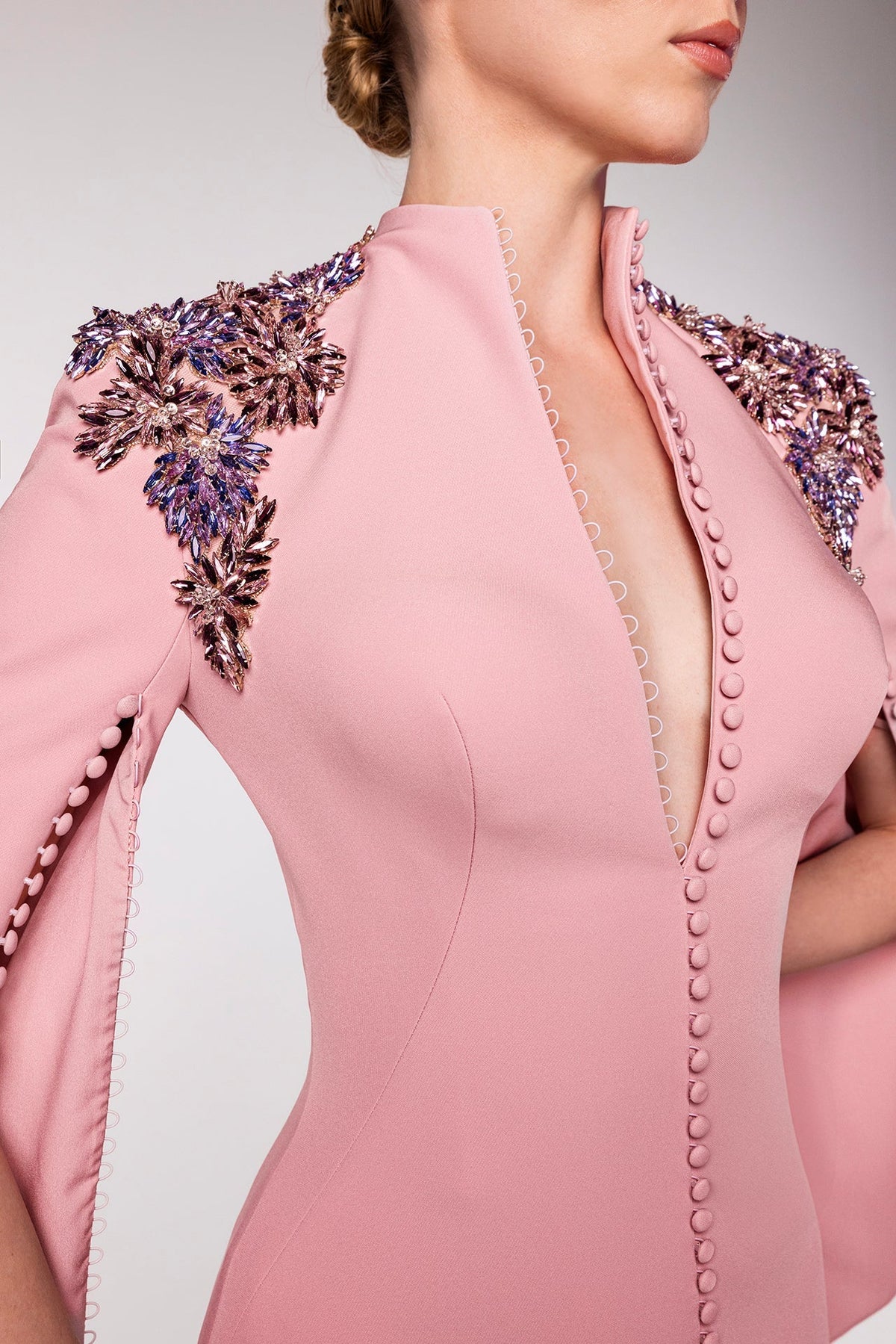 Button-Front Split-Sleeve Gown