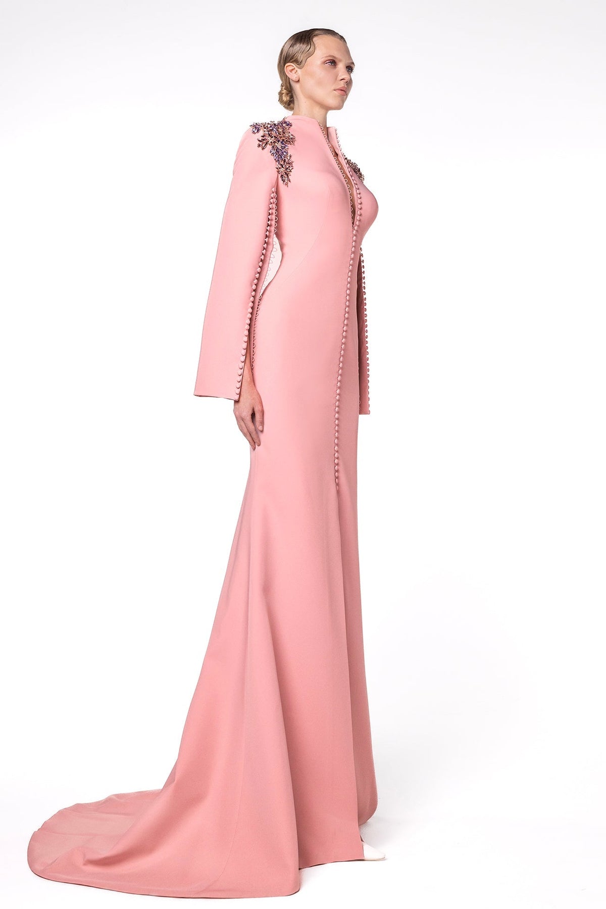 Button-Front Split-Sleeve Gown