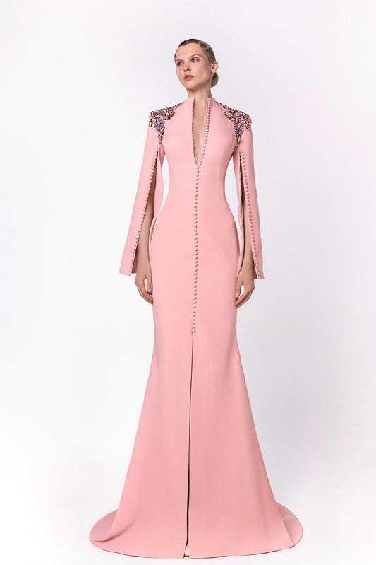 Stand-Collar Cape-Sleeve Gown