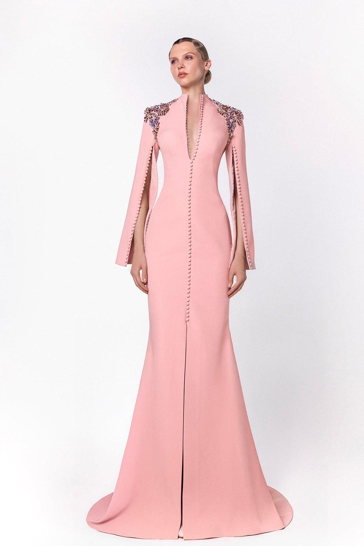 Button-Front Split-Sleeve Gown