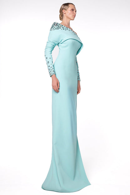 One-Shoulder Embellished Fold-Collar Gown