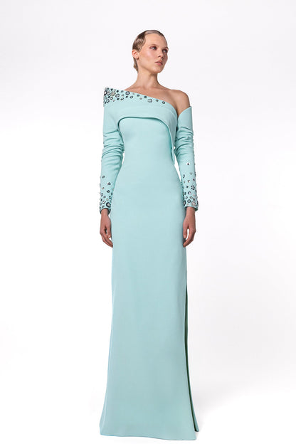 One-Shoulder Embellished Fold-Collar Gown