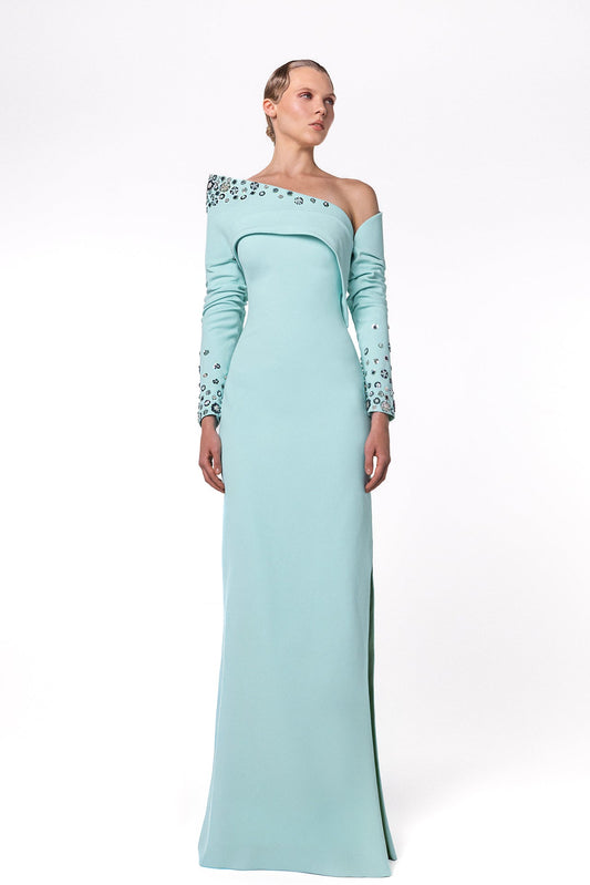 One-Shoulder Embellished Fold-Collar Gown