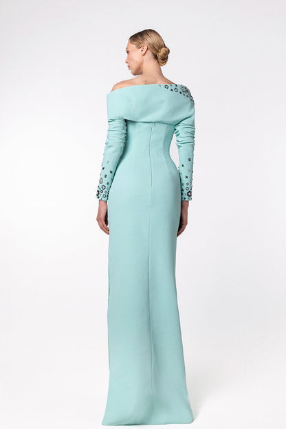 One-Shoulder Embellished Fold-Collar Gown