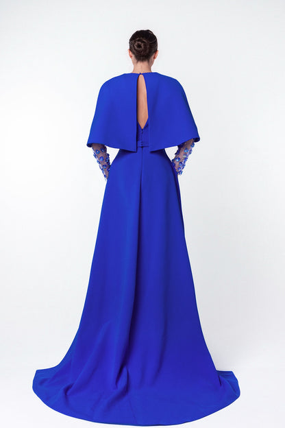 Deep-V Cape Floral-Sleeve Gown