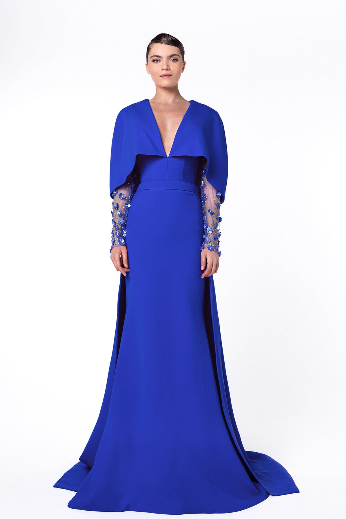 Deep-V Cape Floral-Sleeve Gown