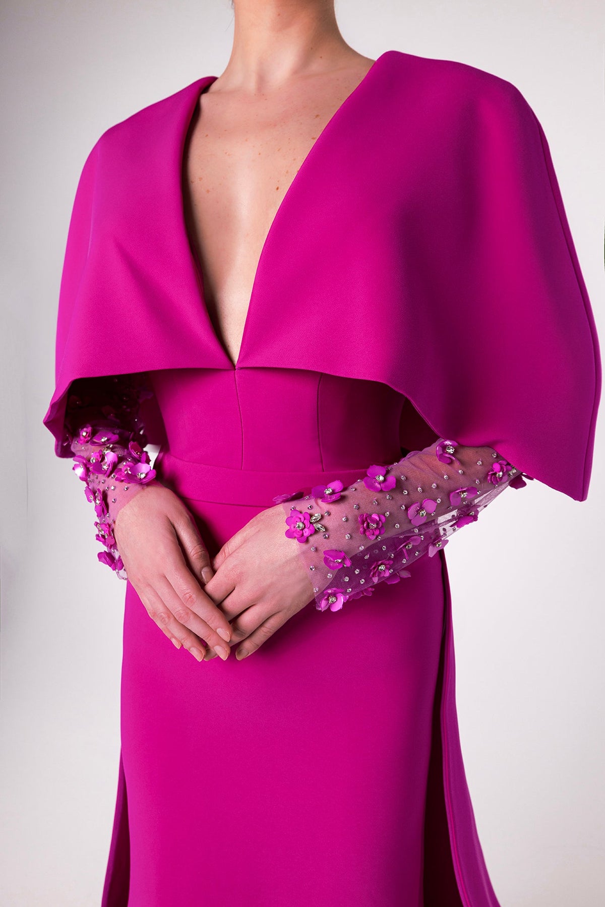 Deep V-Neck Cape Gown