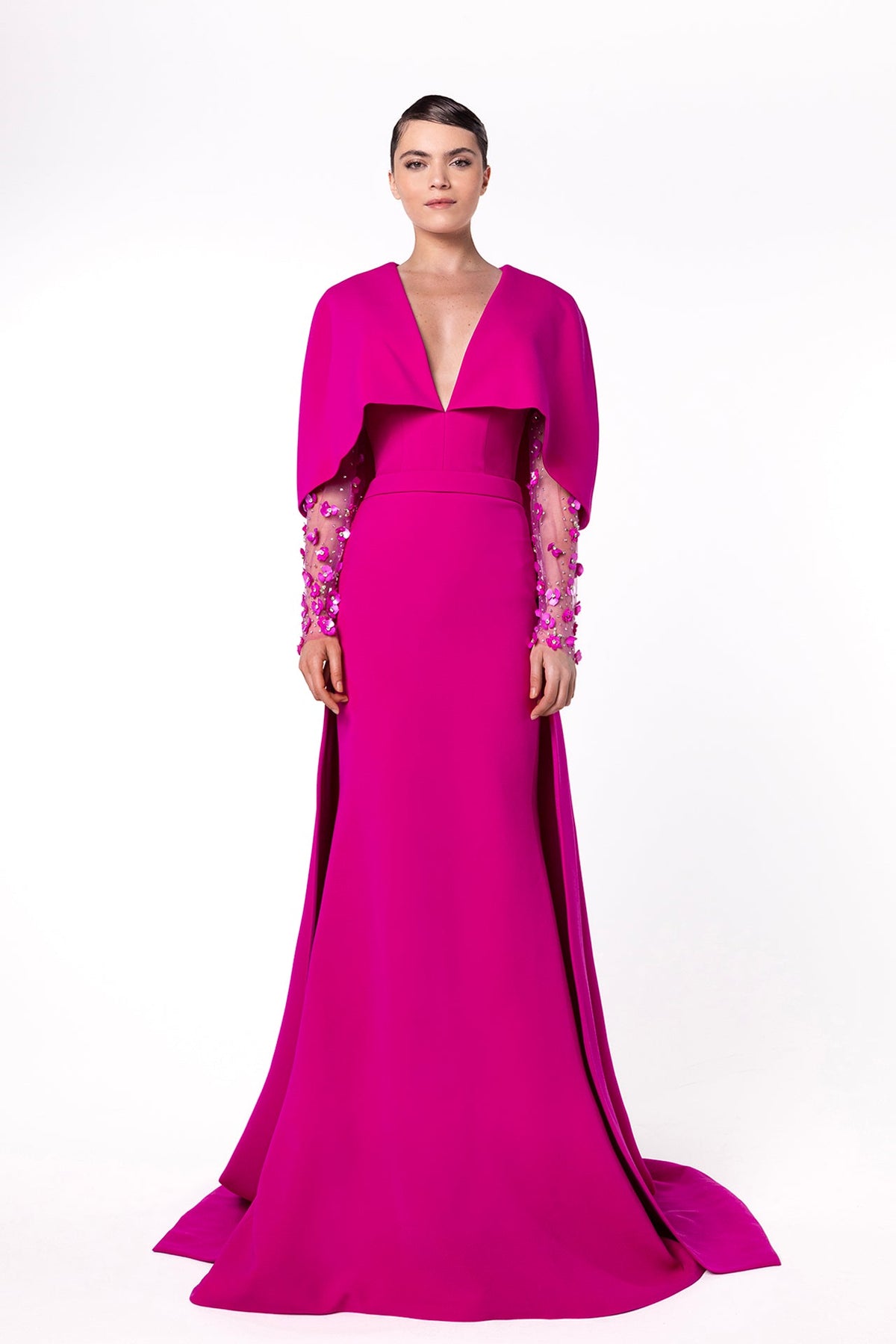Deep V-Neck Cape Gown