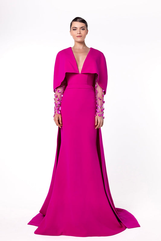 Deep V-Neck Cape Gown