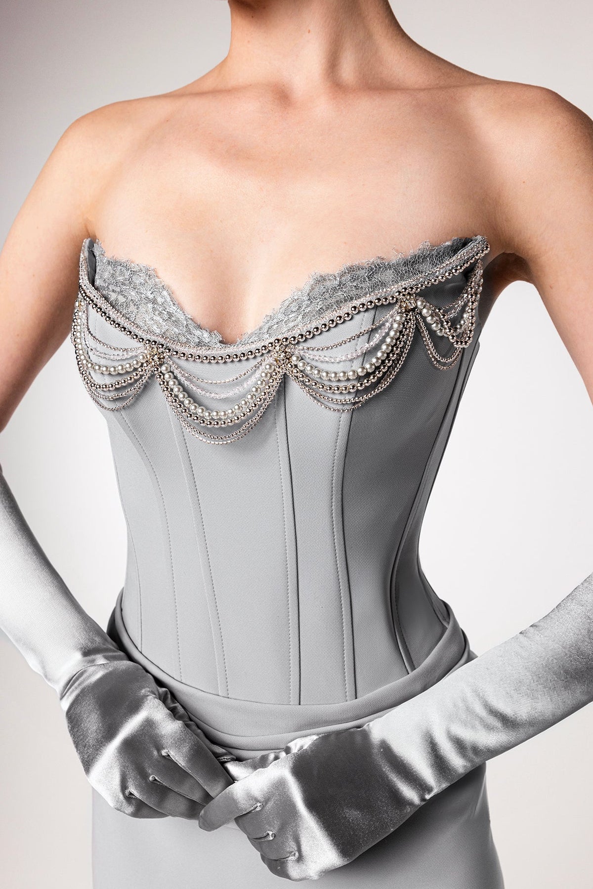 Pearl-Draped Corset Mermaid Gown