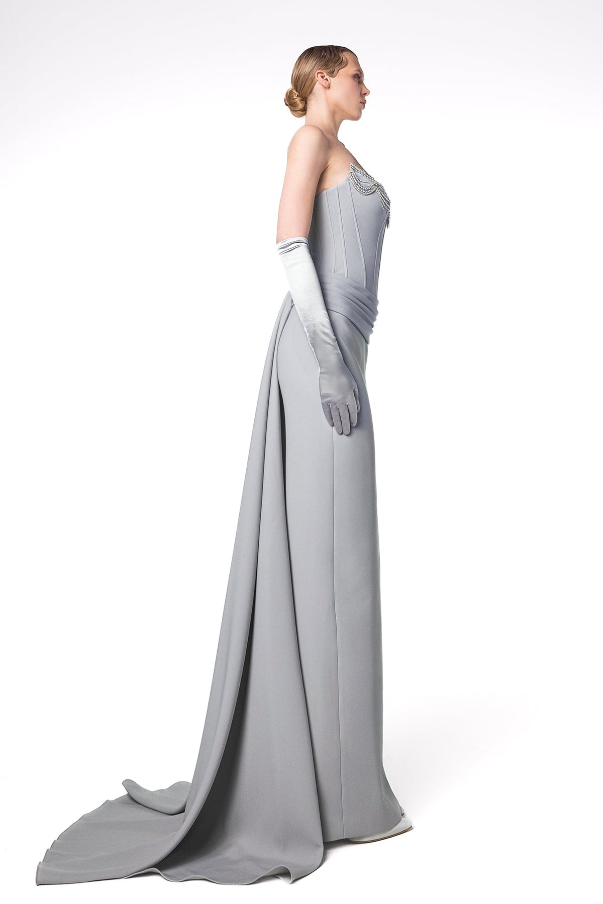 Pearl-Draped Corset Mermaid Gown