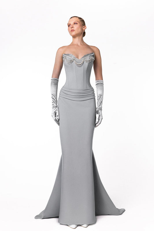 Pearl-Draped Corset Mermaid Gown