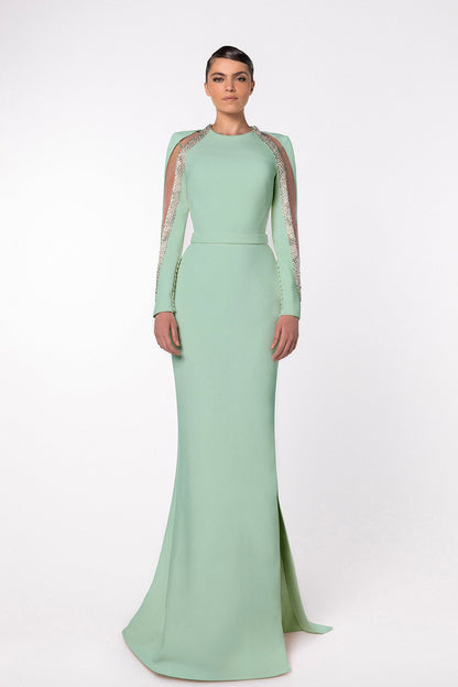 Crystal-Edged Illusion-Sleeve Gown