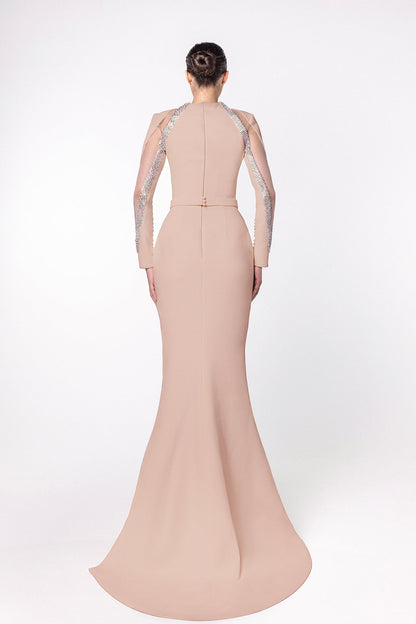Crystal-Edged Cutout-Sleeve Mermaid Gown