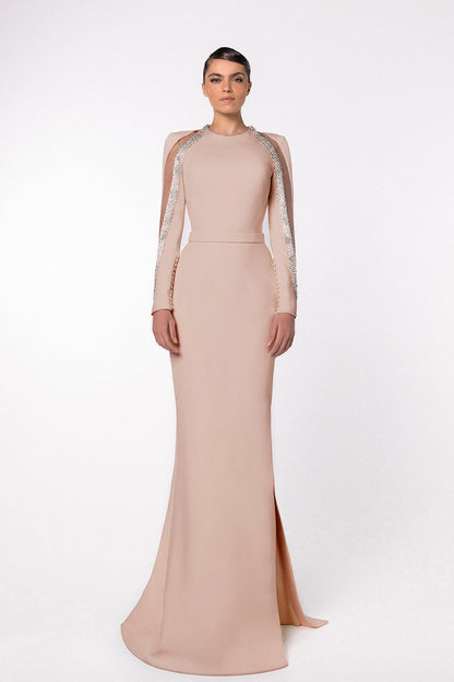 Crystal-Edged Cutout-Sleeve Mermaid Gown