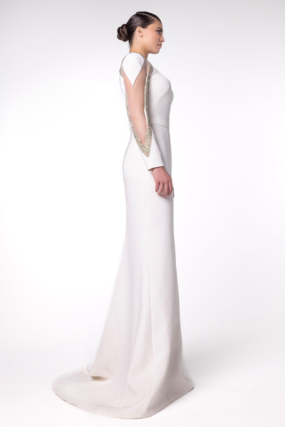 Crystal-Trimmed Cutout-Sleeve Gown