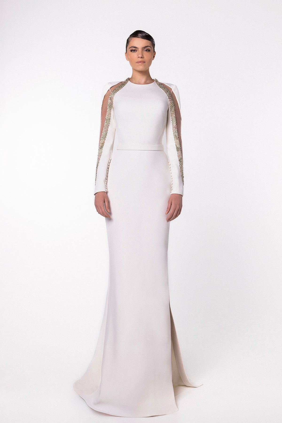 Crystal Cutout-Sleeve Mermaid Gown