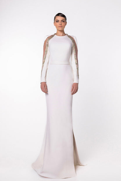 Crystal-Trimmed Cutout-Sleeve Gown