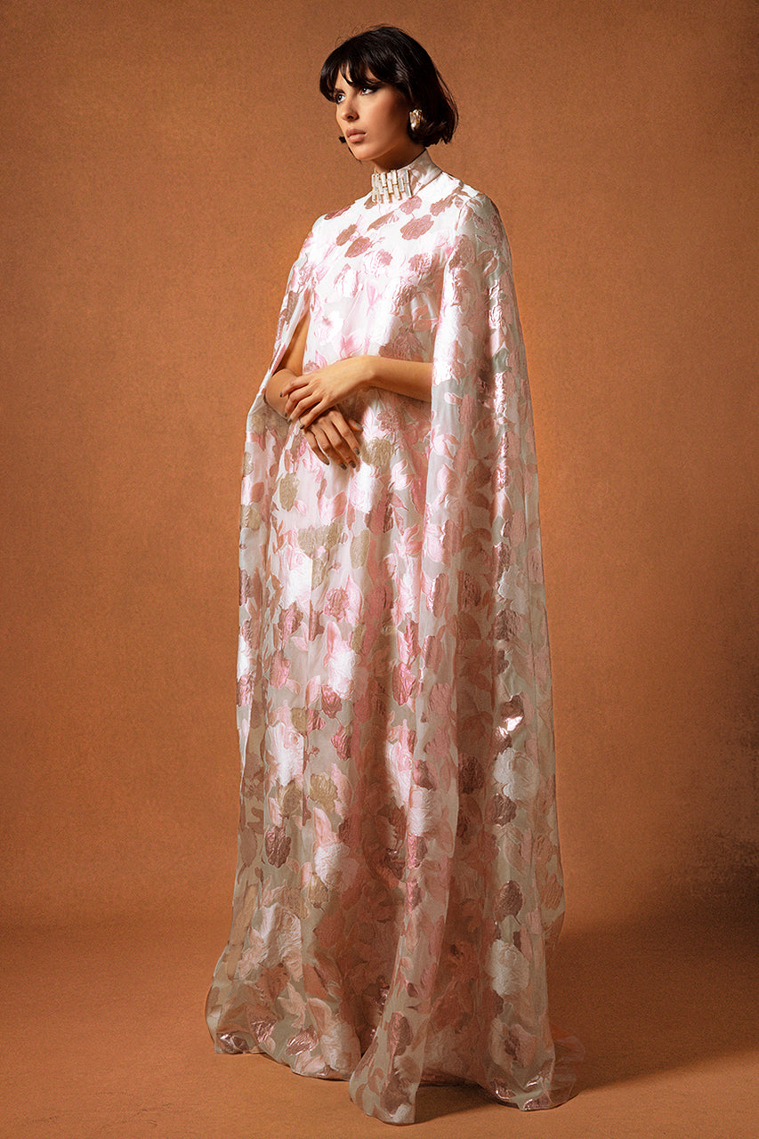 Floral Jacquard Cape-Sleeve Kaftan