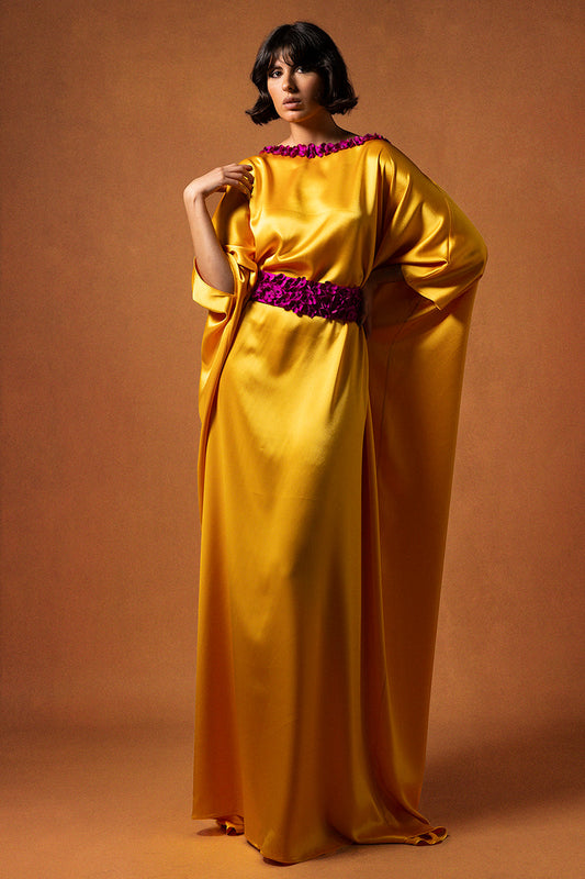 Flower-Trimmed Batwing-Sleeve Kaftan