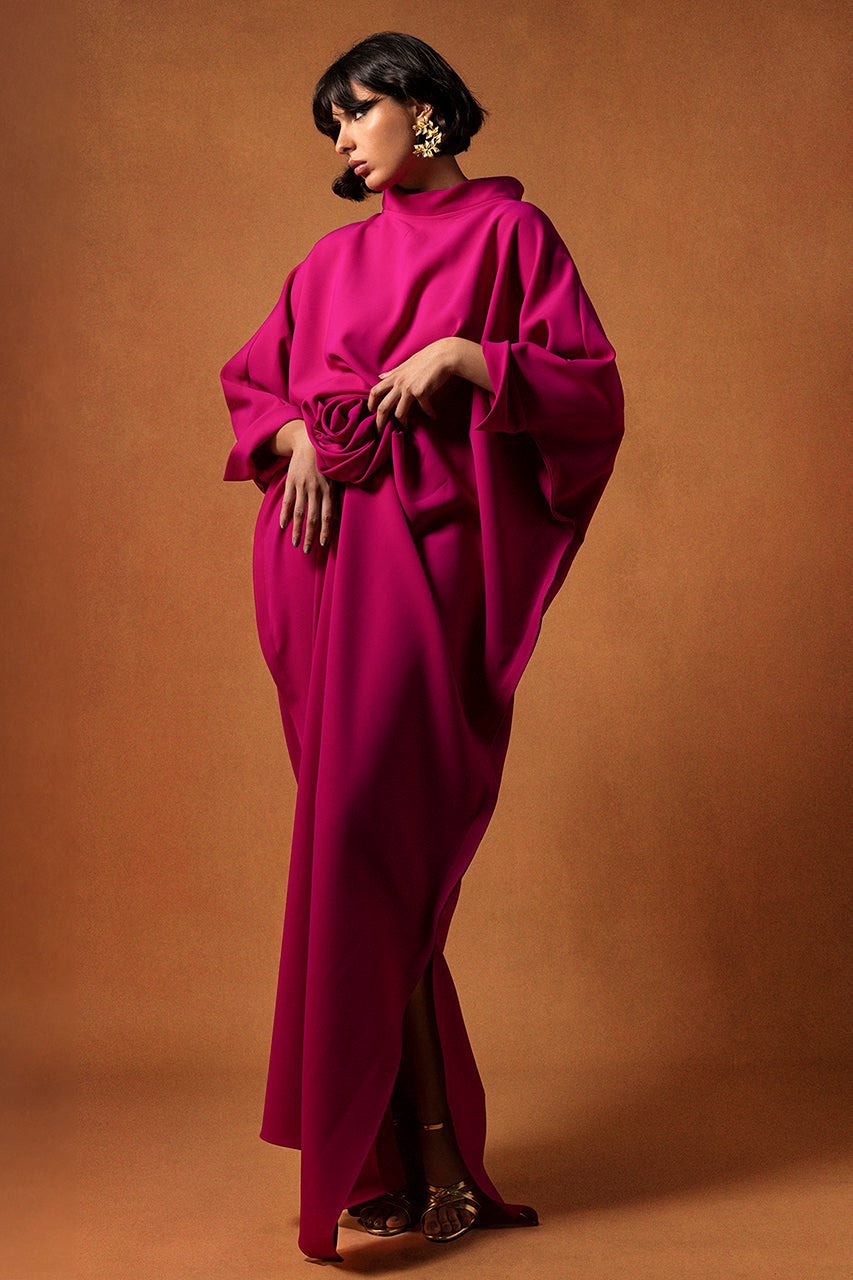 High-Neck Rosette Crepe Kaftan