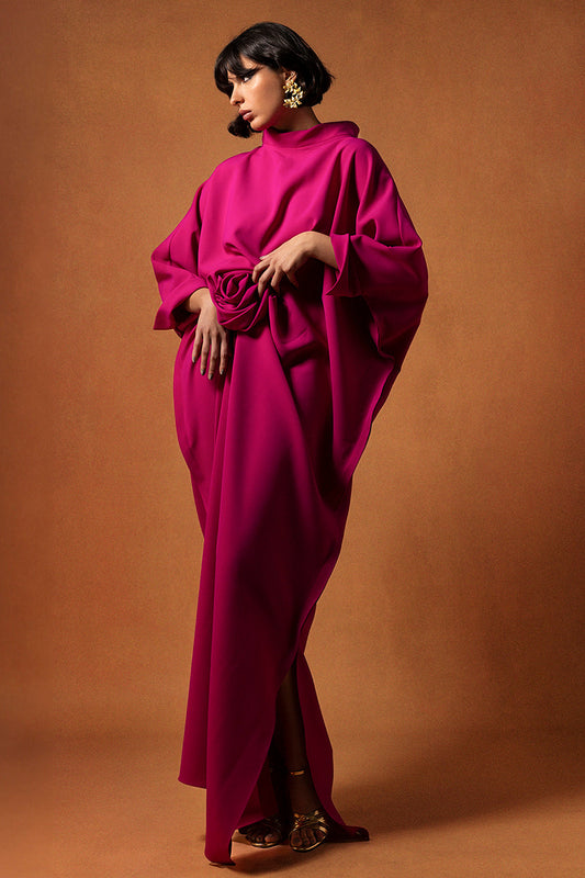 High-Neck Rosette Crepe Kaftan