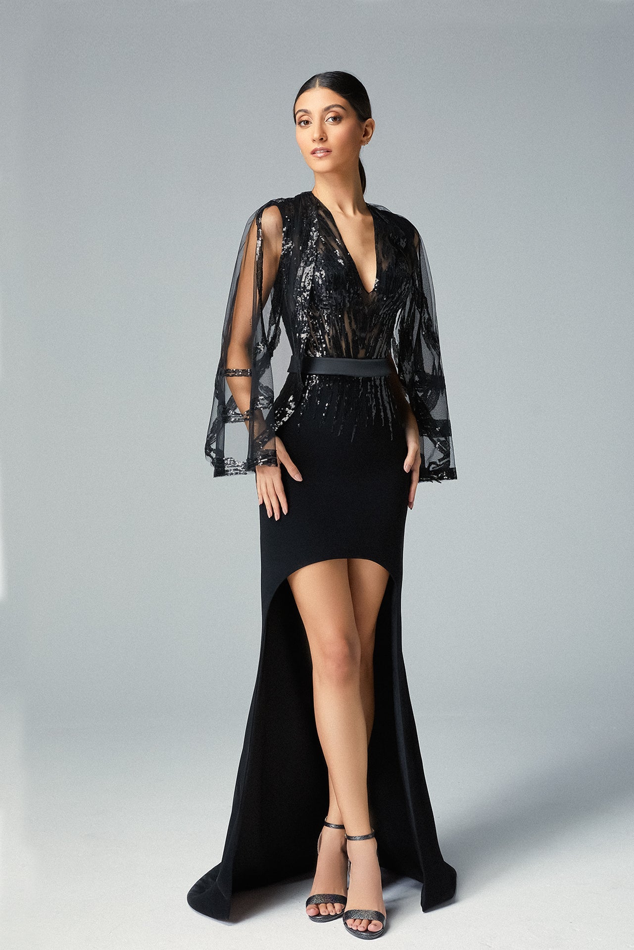 V-Neck Sequin Long Sleeve Gown